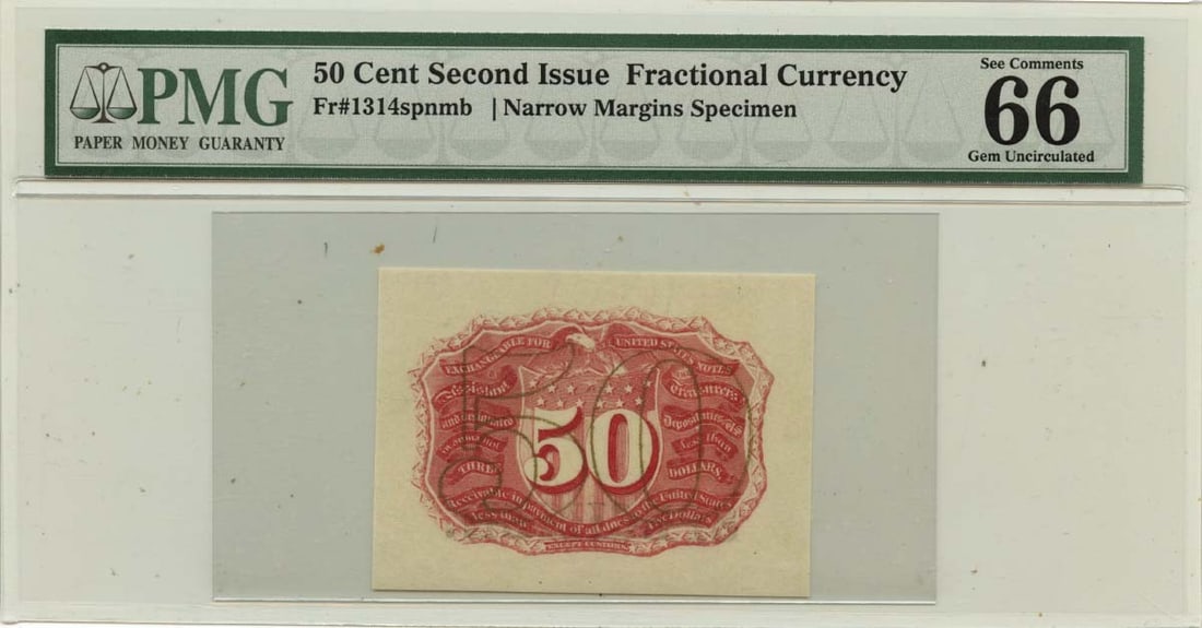 PMG GEM 66 EPQ Fractional Currency 50 Cents Specimen FR#1314: PMG GEM 66 EPQ Fractional Currency 50 Cents Specimen FR#1314 This is a Fractional Currency Second Issue 50 Cents note (FR#1314spnmb) graded by PMG as GEM 66 EPQ. This uncirculated specimen features ex