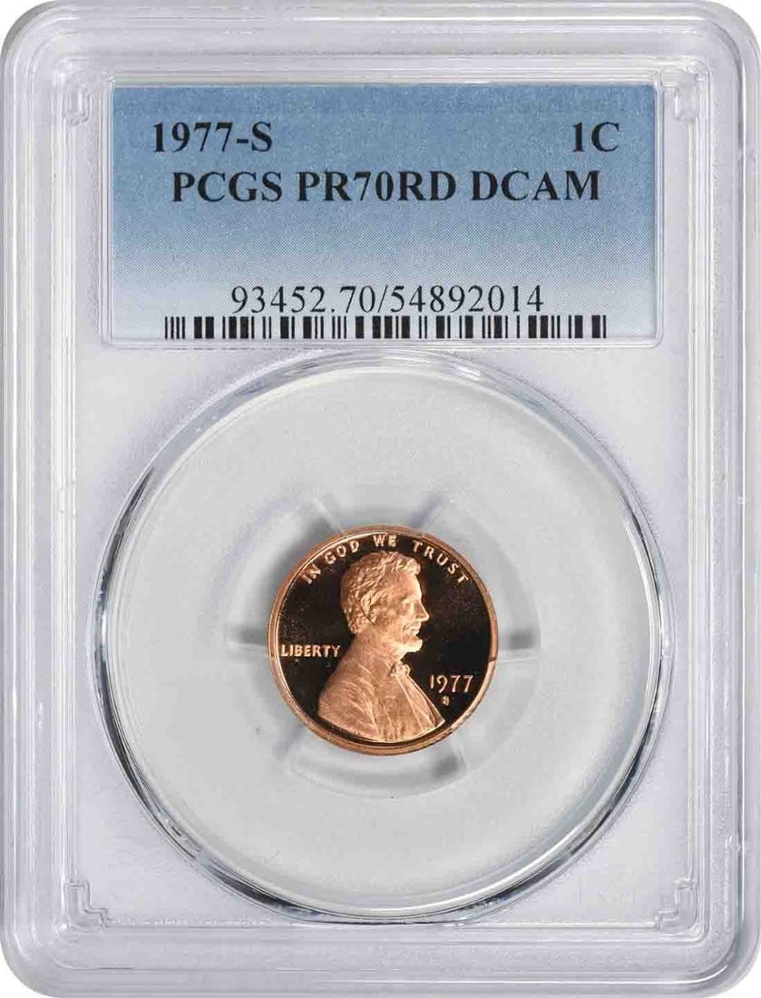 1977-S Lincoln Cent PR70RD Proof Coin by PCGS: 1977-S Lincoln Cent PR70RD Proof Coin by PCGS This 1977-S Lincoln Cent is a stunning example of numismatic artistry, graded PR70RD by PCGS, indicating it is in perfect, uncirculated condition. Minted 