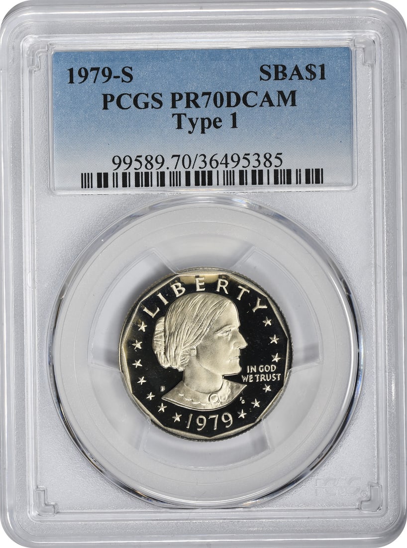 PCGS PR70DCAM 1979-S Susan B Anthony Dollar Filled S: PCGS PR70DCAM 1979-S Susan B Anthony Dollar Filled S This 1979-S Type 1 Susan B. Anthony Dollar is a proof coin graded PR70DCAM by PCGS, featuring the filled 'S' mintmark. Struck in San Francisco, it 
