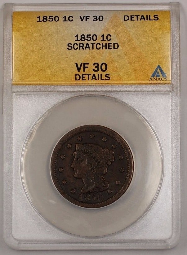 1850 Braided Hair Large Cent Copper Coin ANACS VF-30 Details Scratched: 1850 Braided Hair Large Cent Copper Coin ANACS VF-30 Details Scratched This is an 1850 US Braided Hair Large Cent coin certified by ANACS with a grade of VF 30 Details. The coin is composed of copper,