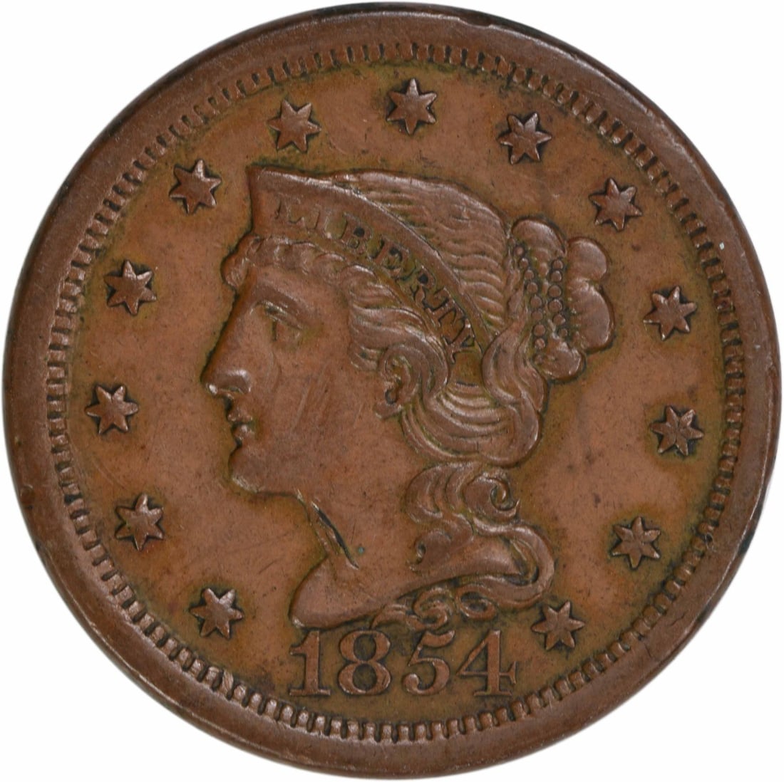 1854 Braided Hair Large Cent EF Uncertified Copper Coin: 1854 Braided Hair Large Cent EF Uncertified Copper Coin This 1854 Large Cent features the Braided Hair design by Christian Gobrecht. Minted in Philadelphia, this coin is classified as Extra Fine (EF) 