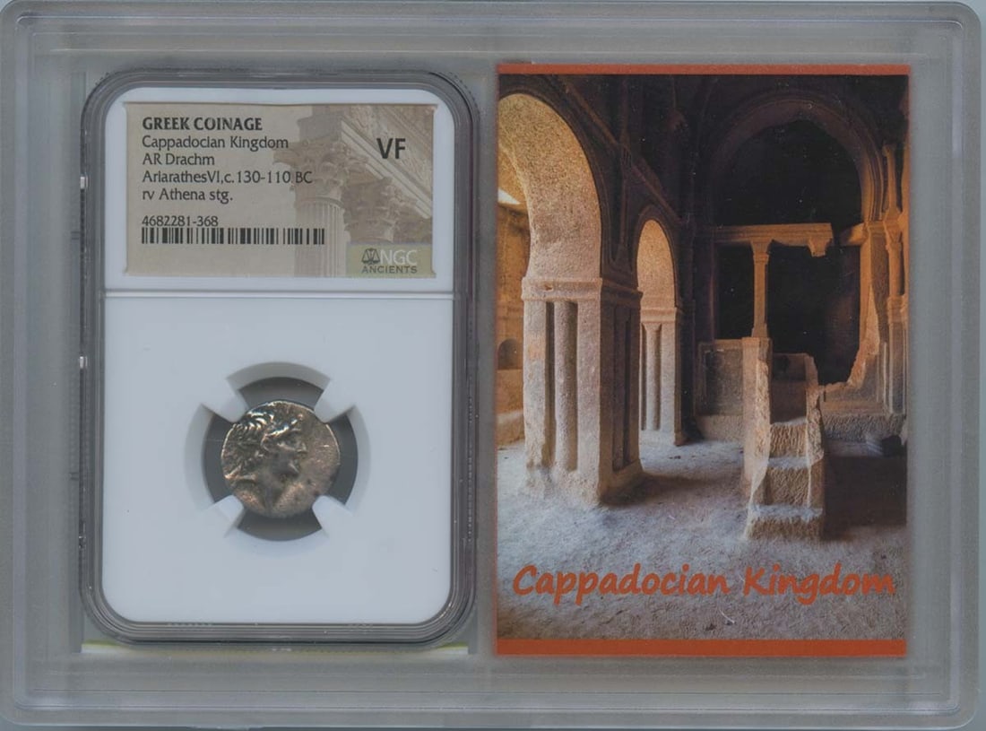 NGC VF20 Cappadocian Kingdom Silver Drachm 130-110 BC Athena: NGC VF20 Cappadocian Kingdom Silver Drachm 130-110 BC Athena This is a silver drachm coin from the Cappadocian Kingdom, dating between 130 and 110 BC. The coin has been graded VF20 by NGC, indicating 