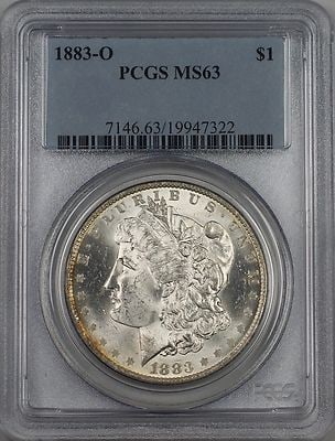 PCGS MS63 1883-O Morgan Silver Dollar $1: PCGS MS63 1883-O Morgan Silver Dollar $1 This is an 1883-O Morgan Silver Dollar graded MS63 by PCGS. The coin is in pre-owned condition and features the New Orleans mint mark. It is a desirable piece 