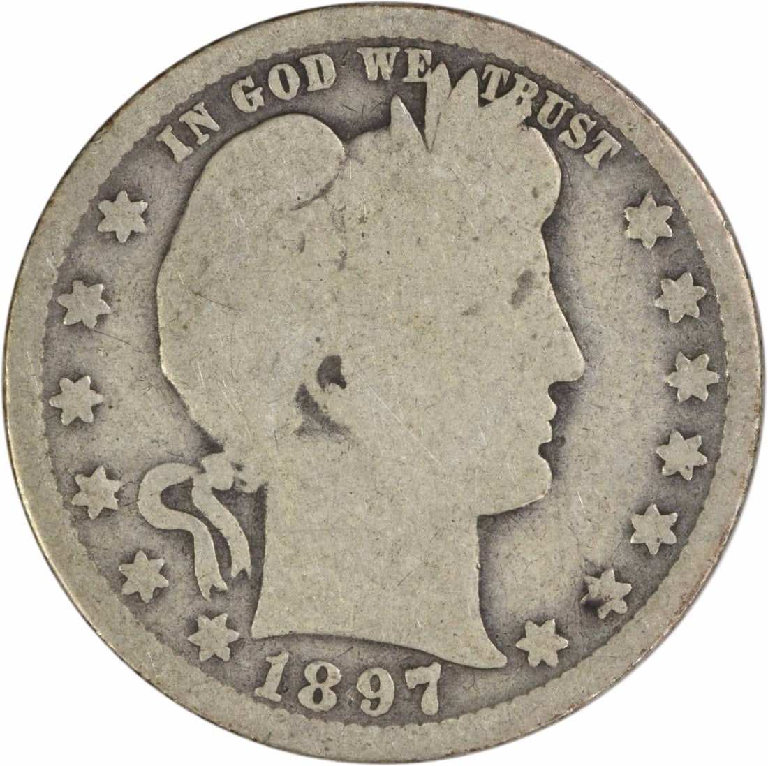 1897 New Orleans Barber Quarter 90 Percent Silver Uncertified US Coin: 1897 New Orleans Barber Quarter 90 Percent Silver Uncertified US Coin This 1897-O Barber Quarter is a circulated coin from the United States, minted in New Orleans. Designed by Charles E. Barber, it i