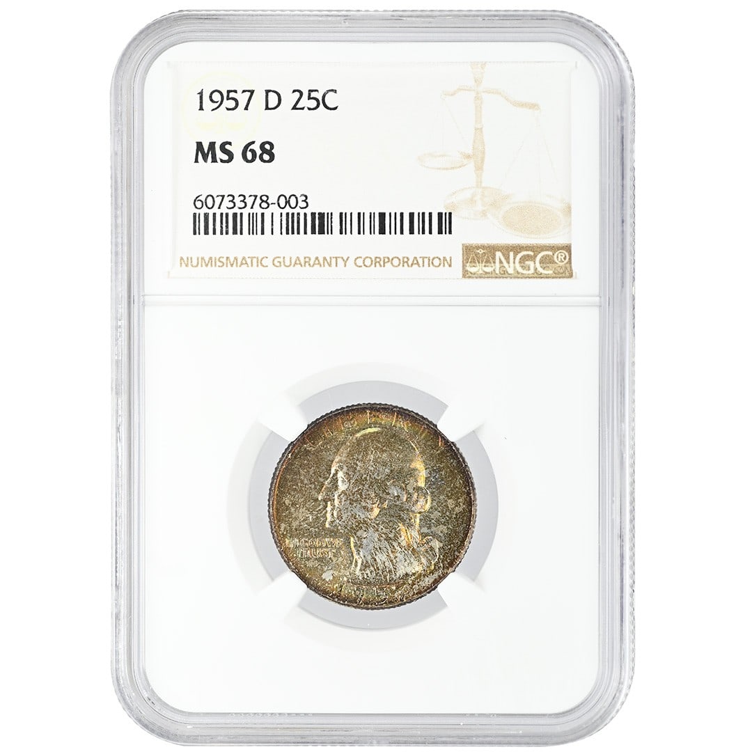 NGC MS68 1957-D Washington Quarter Amazing Color: NGC MS68 1957-D Washington Quarter Amazing Color This is a 1957-D Washington Quarter graded MS68 by NGC. The coin features Type 1 silver composition and displays exceptional color. It originates from 
