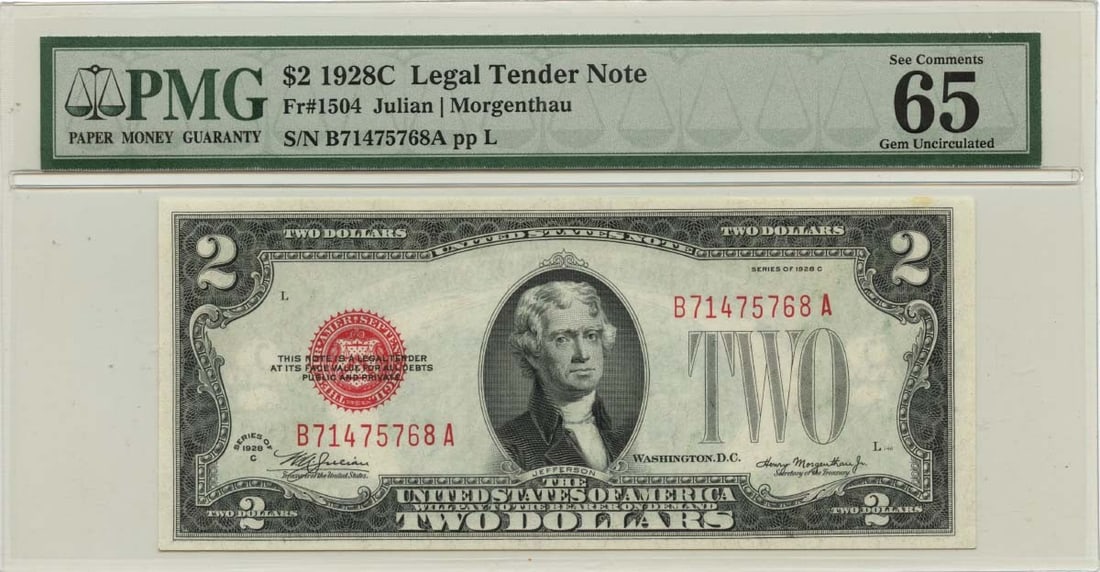 1928C $2 Legal Tender Note Fr# 1504 PMG Gem 65 EPQ: 1928C $2 Legal Tender Note Fr# 1504 PMG Gem 65 EPQ This 1928C $2 Legal Tender Note, designated as Fr# 1504, is a remarkable collectible, certified by PMG with a grade of Gem 65 EPQ. It features an unc