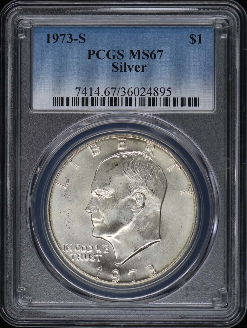 1973-S PCGS MS67 Silver Ike Dollar Uncirculated San Francisco: 1973-S PCGS MS67 Silver Ike Dollar Uncirculated San Francisco This 1973-S Silver Ike Dollar is a stunning example of American coinage, graded MS67 by PCGS, indicating its excellent uncirculated condit
