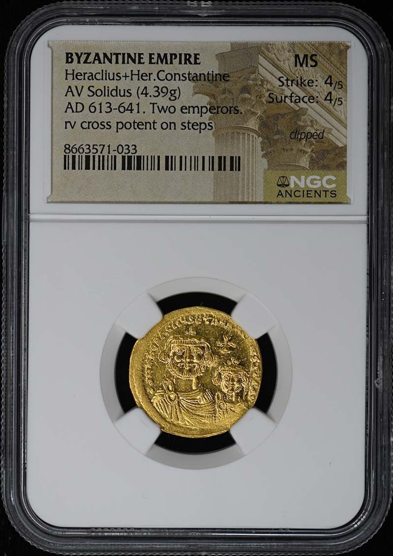 Byzantine Empire AV Solidus Heraclius and Constantine NGC MS: Byzantine Empire AV Solidus Heraclius and Constantine NGC MS This Byzantine Empire AV Solidus features Heraclius and Heraclius Constantine. The coin has been certified by NGC with a Mint State (MS) gr