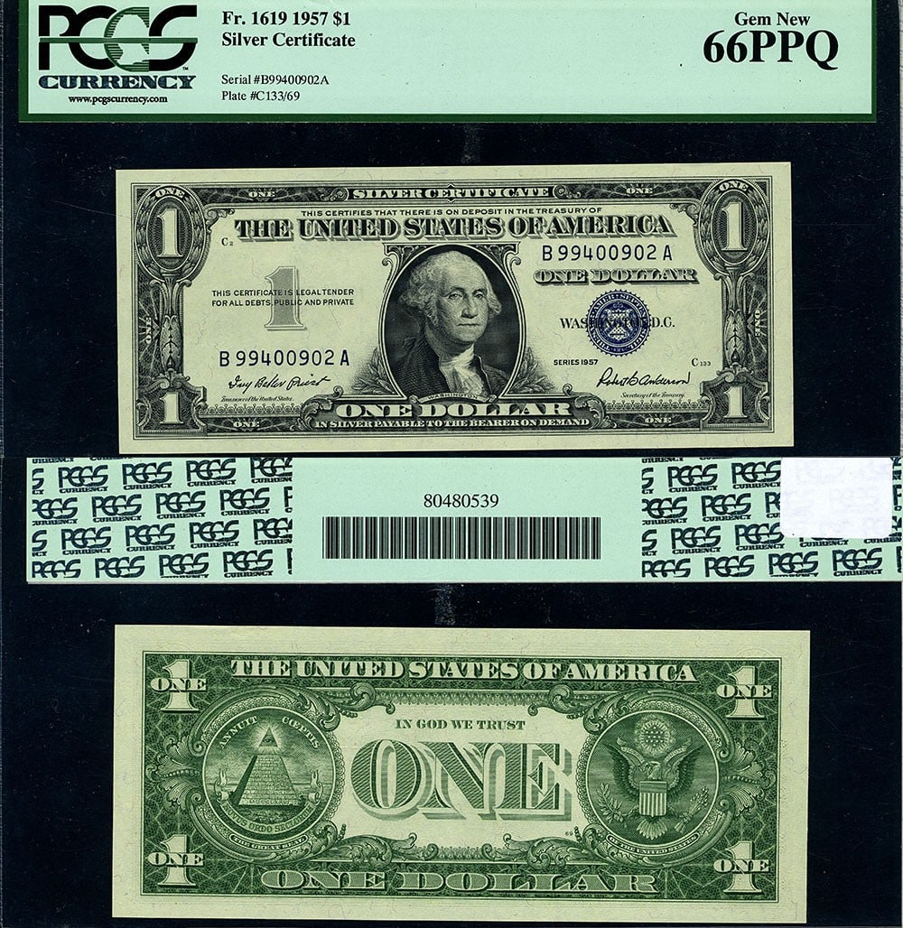 1957 $1 Silver Certificate B-A Block PCGS CU66 PPQ Gem: 1957 $1 Silver Certificate B-A Block PCGS CU66 PPQ Gem This 1957 $1 Silver Certificate, designated as FR. 1619, showcases remarkable quality and aesthetics. It is graded as Gem CU66 PPQ by PCGS, indic
