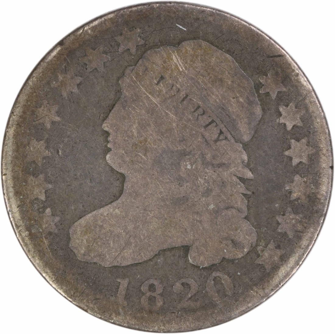 1820 Capped Bust Dime Philadelphia 10C Silver AG Grade Uncertified: 1820 Capped Bust Dime Philadelphia 10C Silver AG Grade Uncertified This is an 1820 Capped Bust silver dime featuring the large 0 variety. Struck at the Philadelphia Mint, this pre-owned coin is made o