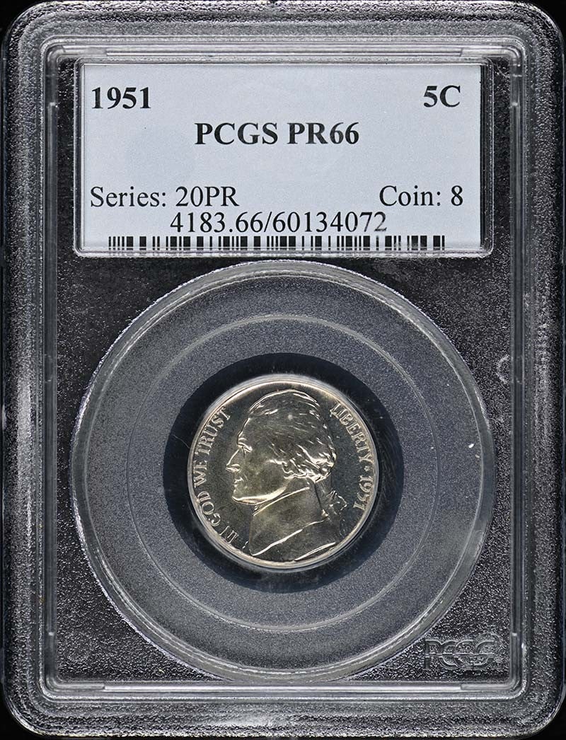 1951 Jefferson Nickel PCGS PR66 Uncirculated Philadelphia Mint: 1951 Jefferson Nickel PCGS PR66 Uncirculated Philadelphia Mint This 1951 Jefferson Nickel is a stunning example of numismatic craftsmanship, graded PR66 by PCGS, indicating high-quality proof conditio