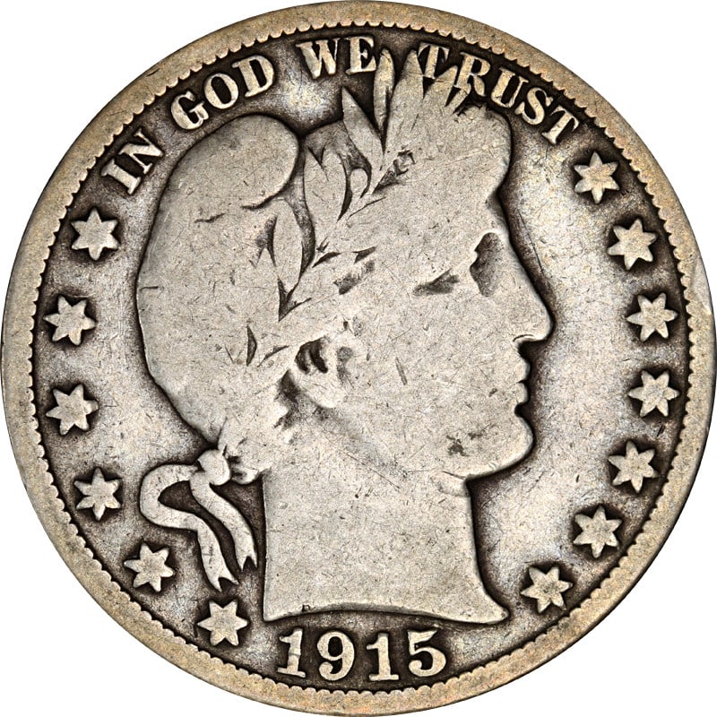 1915 San Francisco Barber Half Silver Coin United States: 1915 San Francisco Barber Half Silver Coin United States This is a 1915-S Barber Half Dollar coin from the United States. Struck at the San Francisco Mint, this circulated coin is composed of silver w