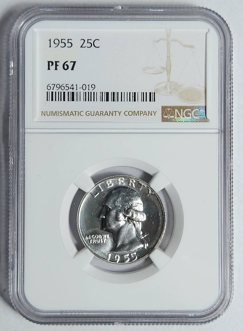 1955 P Washington Quarter NGC PF 67 Silver Proof Coin: 1955 P Washington Quarter NGC PF 67 Silver Proof Coin This stunning 1955 P Washington Quarter is certified by NGC and graded as PF 67, indicating its exceptional quality. Crafted from silver, this unc
