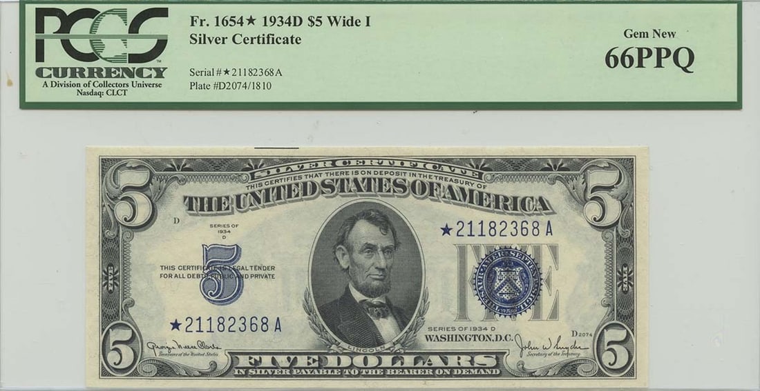 1934D $5 Silver Certificate FR#1654* PCGS 66 Gem Wide I Star Note: 1934D $5 Silver Certificate FR#1654* PCGS 66 Gem Wide I Star Note This 1934D $5 Silver Certificate, designated as FR#1654*, is a stunning example of currency preservation, graded by PCGS as MS66 Gem P