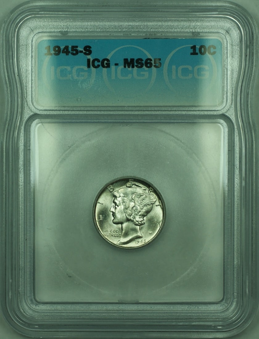 ICG MS-65 1945-S Silver 10 Cent Mercury Dime from San Francisco Mint: ICG MS-65 1945-S Silver 10 Cent Mercury Dime from San Francisco Mint This is a 1945-S Mercury Silver Dime graded MS-65 by ICG. The coin is uncirculated and composed of 90% silver. Minted in San Franci