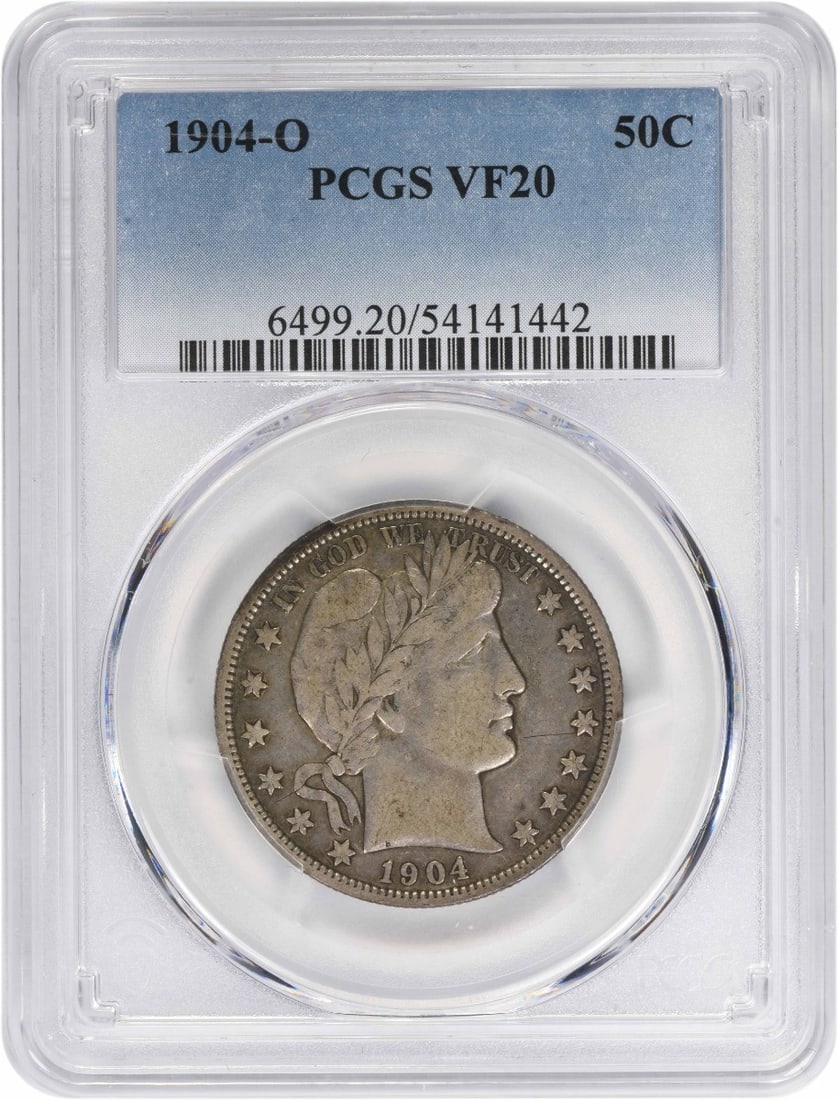 Barber Half Dollar 1904-O 50C PCGS VF20 New Orleans Mint Silver Coin: Barber Half Dollar 1904-O 50C PCGS VF20 New Orleans Mint Silver Coin This 1904-O Barber Half Dollar is graded VF20 by PCGS. Minted in New Orleans, it features the classic design by Charles E. Barber. 