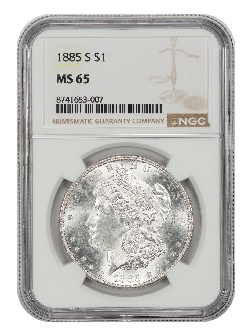 1885-S Morgan Dollar NGC MS65 San Francisco Mint: 1885-S Morgan Dollar NGC MS65 San Francisco Mint This is an 1885 Morgan Dollar from the San Francisco Mint, graded MS65 by NGC. The coin is uncirculated and features a white, frosty appearance with am