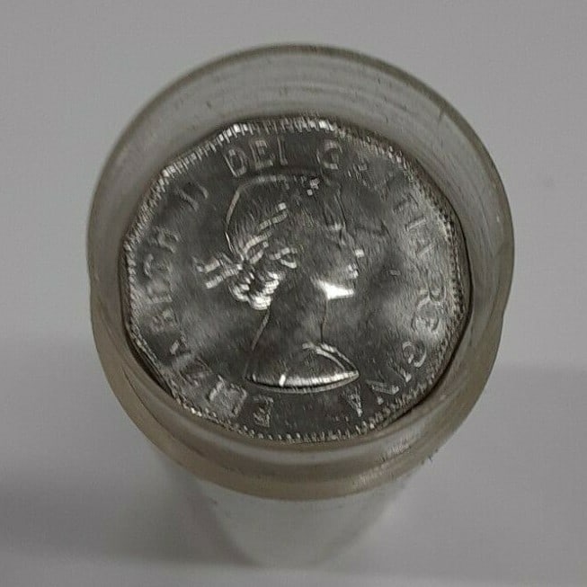 Canada 1960 5c Nickel Roll 40 Coins KM 50a: Canada 1960 5c Nickel Roll 40 Coins KM 50a This listing offers a roll of 40 uncirculated 1960 Canadian 5 cent coins, also known as "nickels." The coins are housed in a tube and are in pre-owned condit