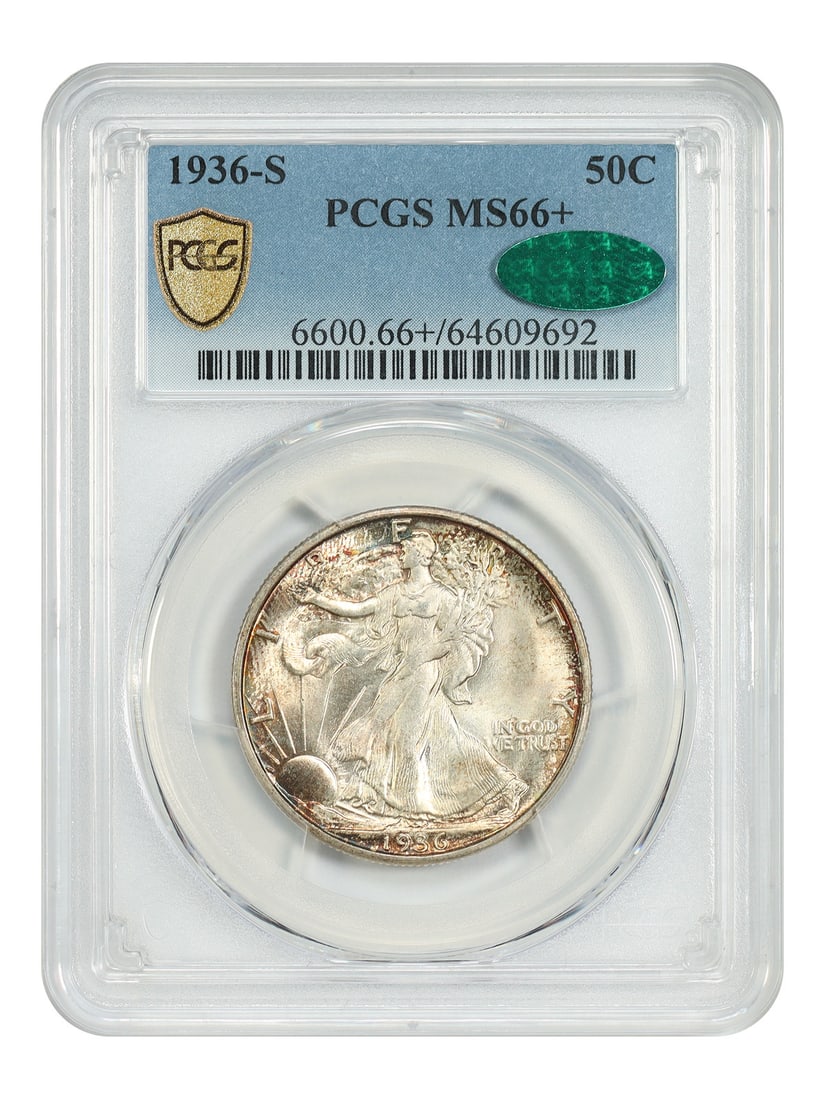 1936-S Walking Liberty Half Dollar PCGS CAC MS66+: 1936-S Walking Liberty Half Dollar PCGS CAC MS66+ This is a 1936-S Walking Liberty Half Dollar with a denomination of 50 cents, minted in San Francisco. The coin is certified by PCGS and features a hi