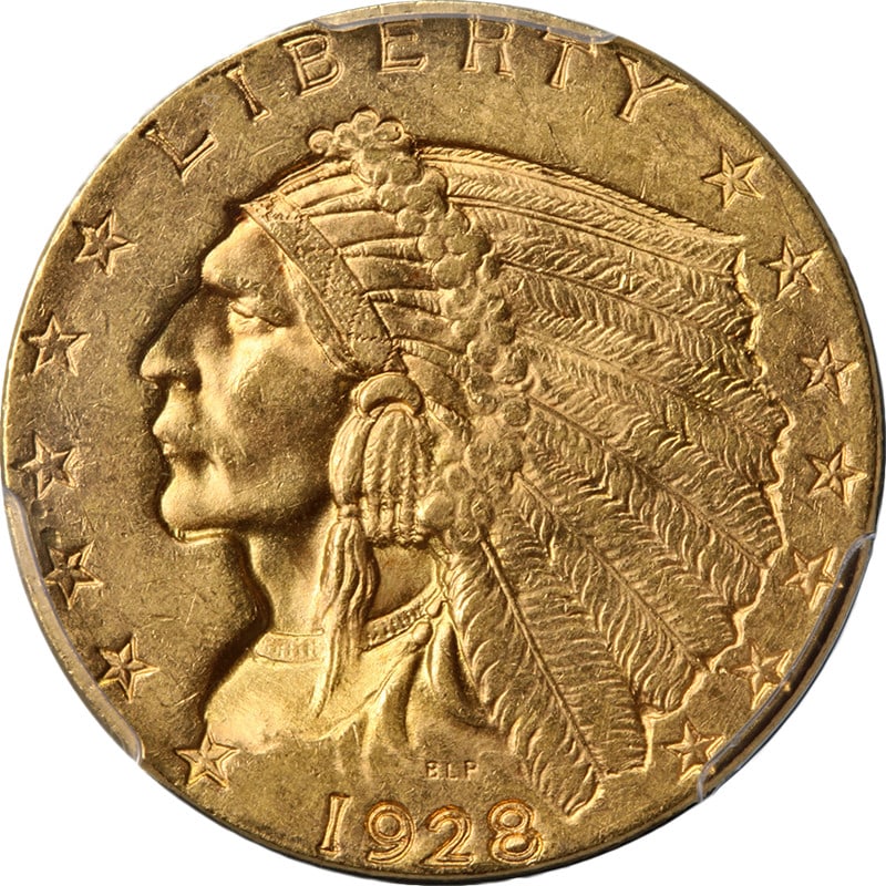 1928 $2.50 Indian Head Gold Coin PCGS MS64: 1928 $2.50 Indian Head Gold Coin PCGS MS64 This 1928 Indian Gold $2.50 coin is graded MS64 by PCGS, indicating a high-quality uncirculated condition. The coin is composed of gold with a fineness of 0.