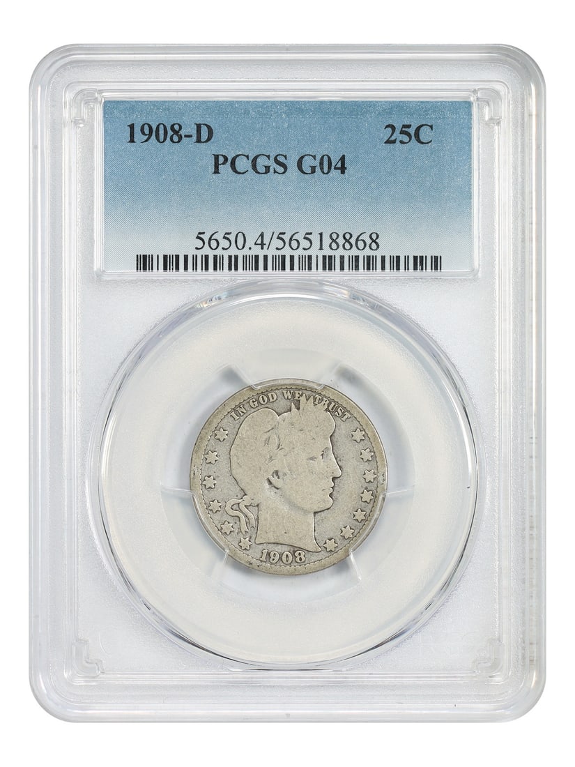 1908 Denver Barber Quarter PCGS Graded Good 4: 1908 Denver Barber Quarter PCGS Graded Good 4 This 1908-D Barber Quarter is graded Good 04 by PCGS and was minted in Denver. It is a circulated coin from the Barber Quarter series, featuring a denomin