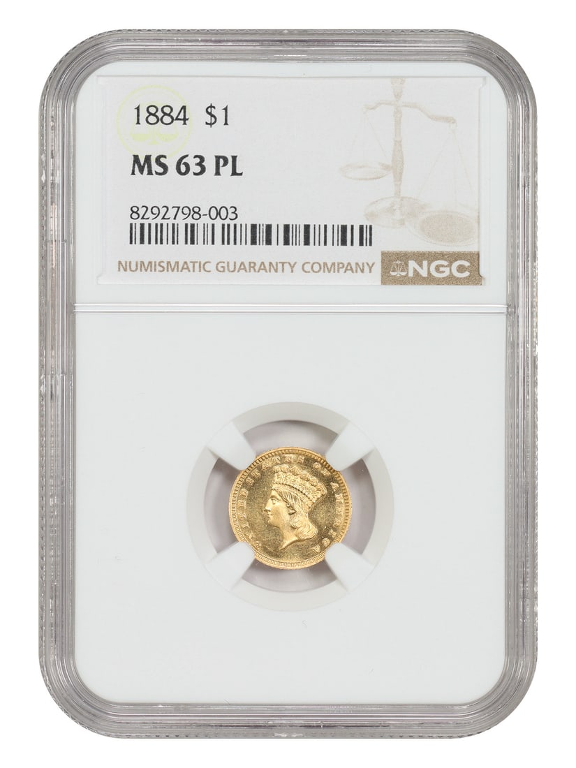 1884 Philadelphia NGC MS63PL Gold Dollar: 1884 Philadelphia NGC MS63PL Gold Dollar This 1884 Gold Dollar features a prooflike finish and was struck at the Philadelphia Mint from a low mintage of just 5,230 coins. Certified by NGC with a grade