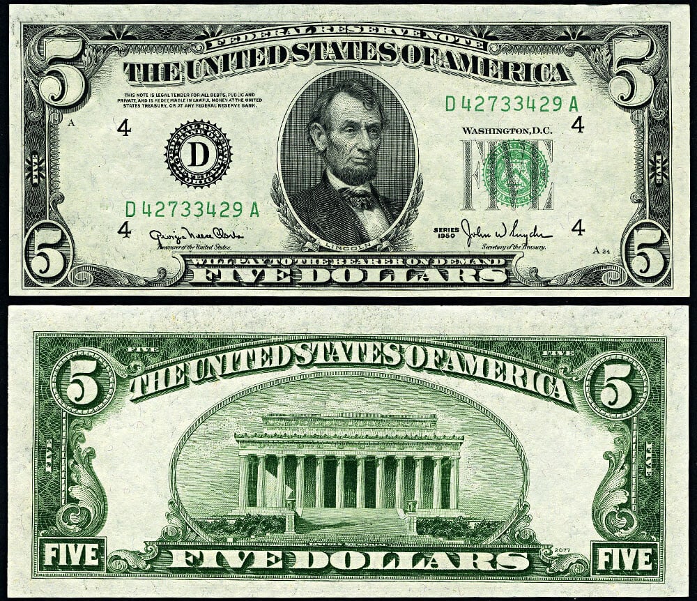 1950 $5 Federal Reserve Note Cleveland D-A Block Choice Uncirculated: 1950 $5 Federal Reserve Note Cleveland D-A Block Choice Uncirculated This 1950 Federal Reserve Note features a denomination of $5 and is part of the FR. 1961 D series, specifically from the Cleveland 