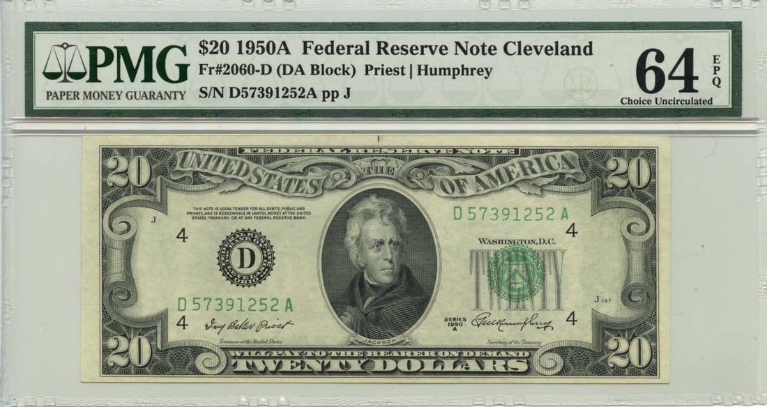 1950A $20 Cleveland Federal Reserve Note Fr# 2060-D PMG MS64 Uncirculated: 1950A $20 Cleveland Federal Reserve Note Fr# 2060-D PMG MS64 Uncirculated This 1950A $20 Federal Reserve Note from the Cleveland district (Fr# 2060-D) is graded by PMG as MS64, indicating it is in unc