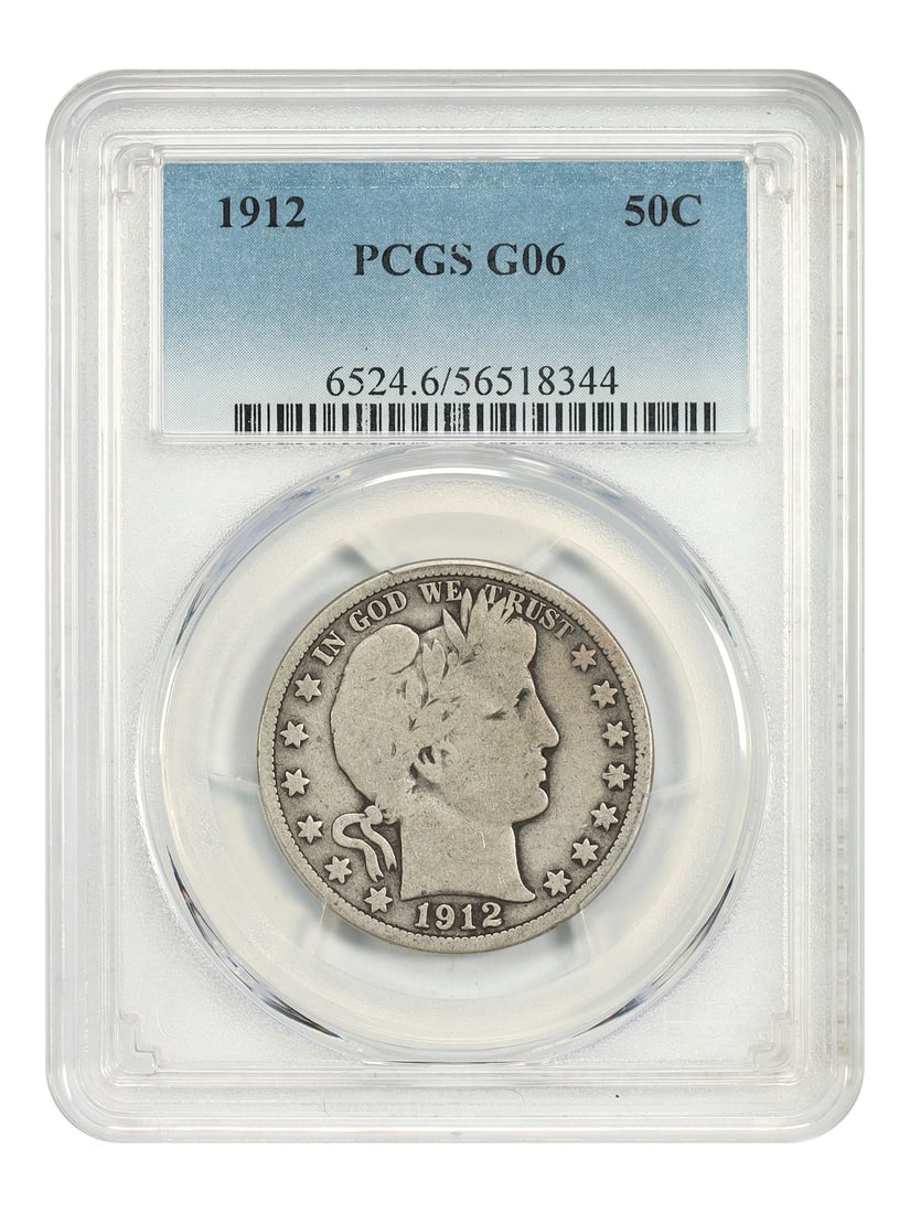 1912 Barber Half Dollar PCGS Good 06 50C: 1912 Barber Half Dollar PCGS Good 06 50C This is a 1912 Barber Half Dollar, graded Good 06 by PCGS. The coin is circulated and originates from the Philadelphia Mint. It is part of the Barber Half Doll