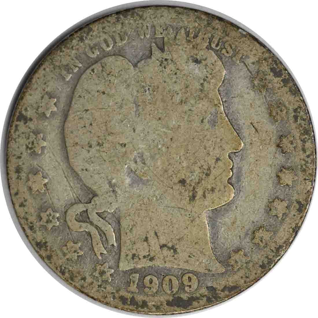 1909-O Barber Silver Quarter 90% Silver Circulated AG Uncertified: 1909-O Barber Silver Quarter 90% Silver Circulated AG Uncertified This 1909-O Barber Silver Quarter is a unique piece of American numismatic history. Minted in New Orleans, this quarter features the i