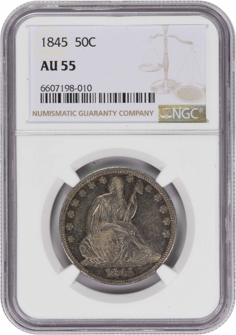 1845 Seated Liberty Half Dollar AU55 Graded by NGC: 1845 Seated Liberty Half Dollar AU55 Graded by NGC This 1845 Liberty Seated Silver Half Dollar has been professionally graded AU55 by NGC. Minted in Philadelphia, it features the classic Seated Libert