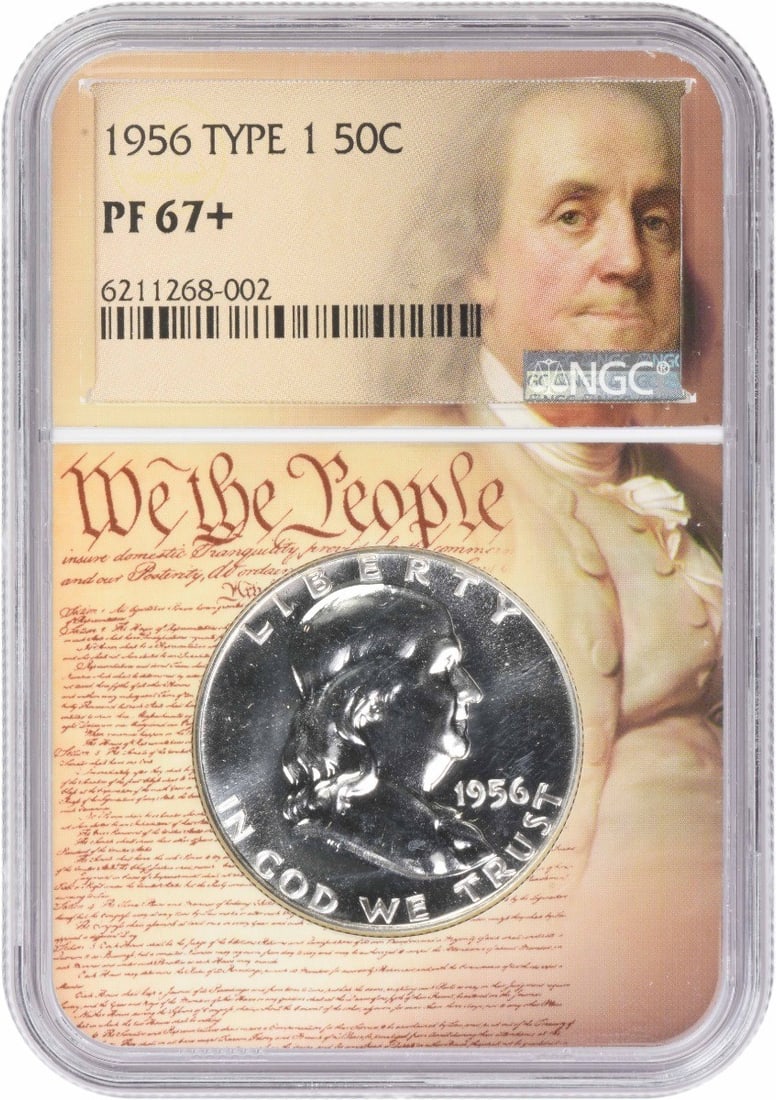 NGC PR67+ 1956 Franklin 50C Proof Silver Half Dollar: NGC PR67+ 1956 Franklin 50C Proof Silver Half Dollar This 1956 Franklin Silver Half Dollar is a proof strike coin graded PR67+ by NGC. Composed of 90% silver and 10% copper, it was minted in Philadelp