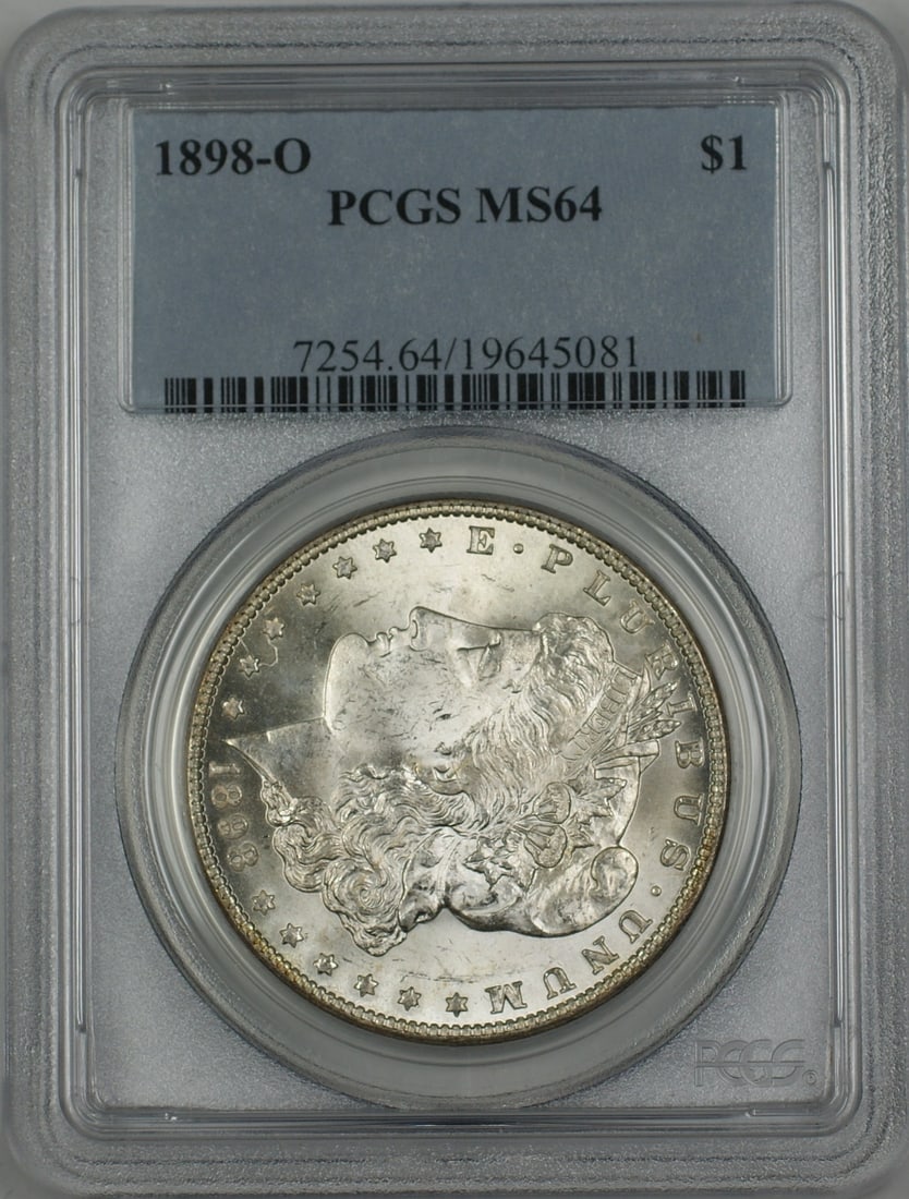 PCGS MS-64 1898-O Morgan Dollar Silver Coin With Clashed Dies: PCGS MS-64 1898-O Morgan Dollar Silver Coin With Clashed Dies This is a 1898-O Morgan Silver Dollar graded MS-64 by PCGS. Minted in New Orleans, this uncirculated coin features clashed dies in front o