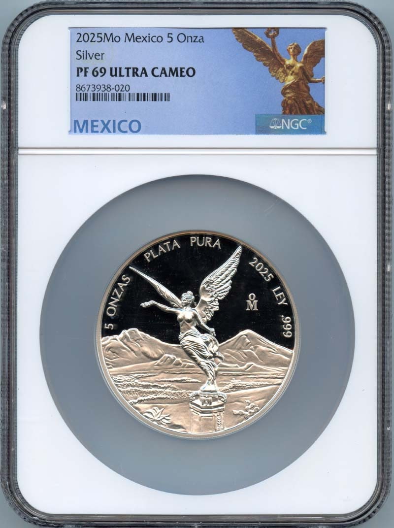 2025 Mexico 5 Onza Silver Libertad NGC PR69 Ultra Cameo Coin: 2025 Mexico 5 Onza Silver Libertad NGC PR69 Ultra Cameo Coin This 2025 Mexico Libertad 5 Onza silver coin is graded PR69 Ultra Cameo by NGC, indicating a high-quality, un-used piece in near-perfect co