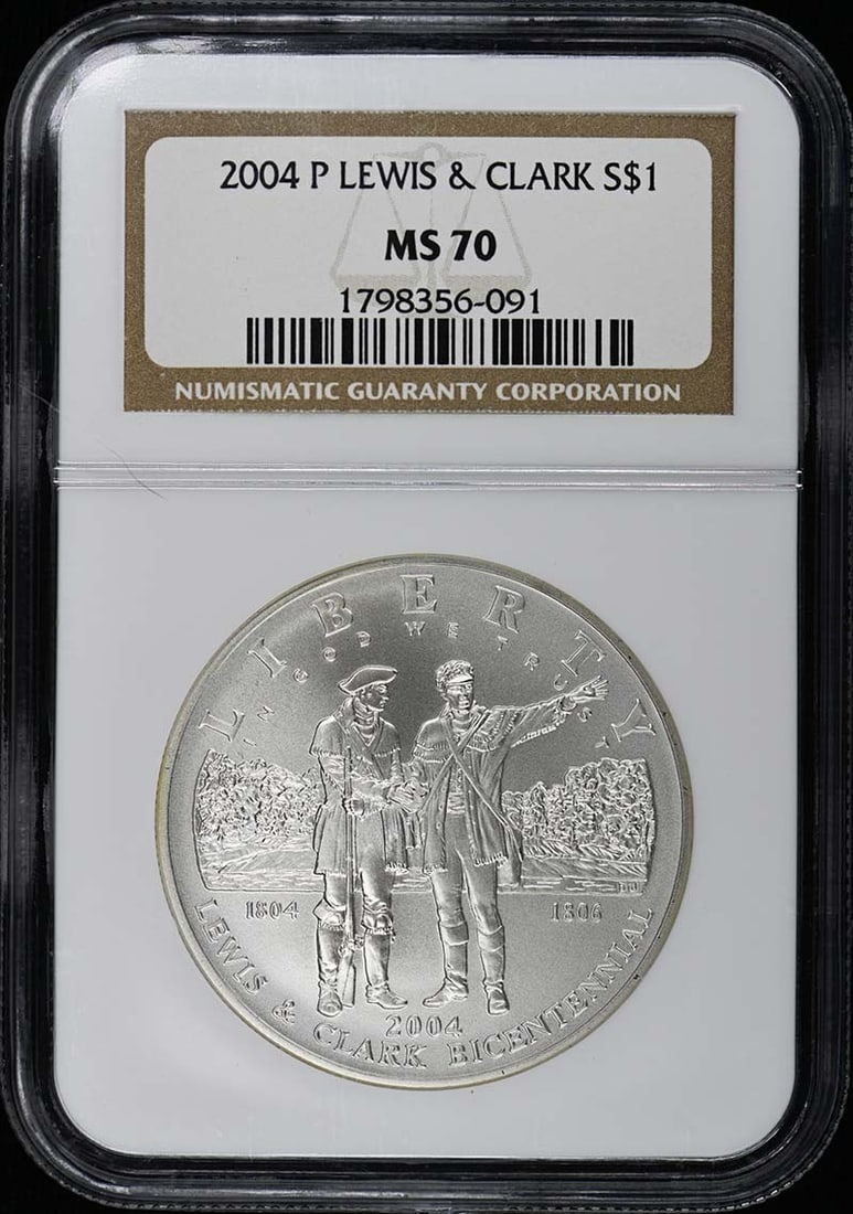 2004 P Lewis & Clark Commemorative S$1 NGC MS70: 2004 P Lewis & Clark Commemorative S$1 NGC MS70 This 2004 P Lewis & Clark Modern Commemorative Silver Dollar is a stunning addition to any collection. Graded MS70 by NGC, this coin is in uncirculated 