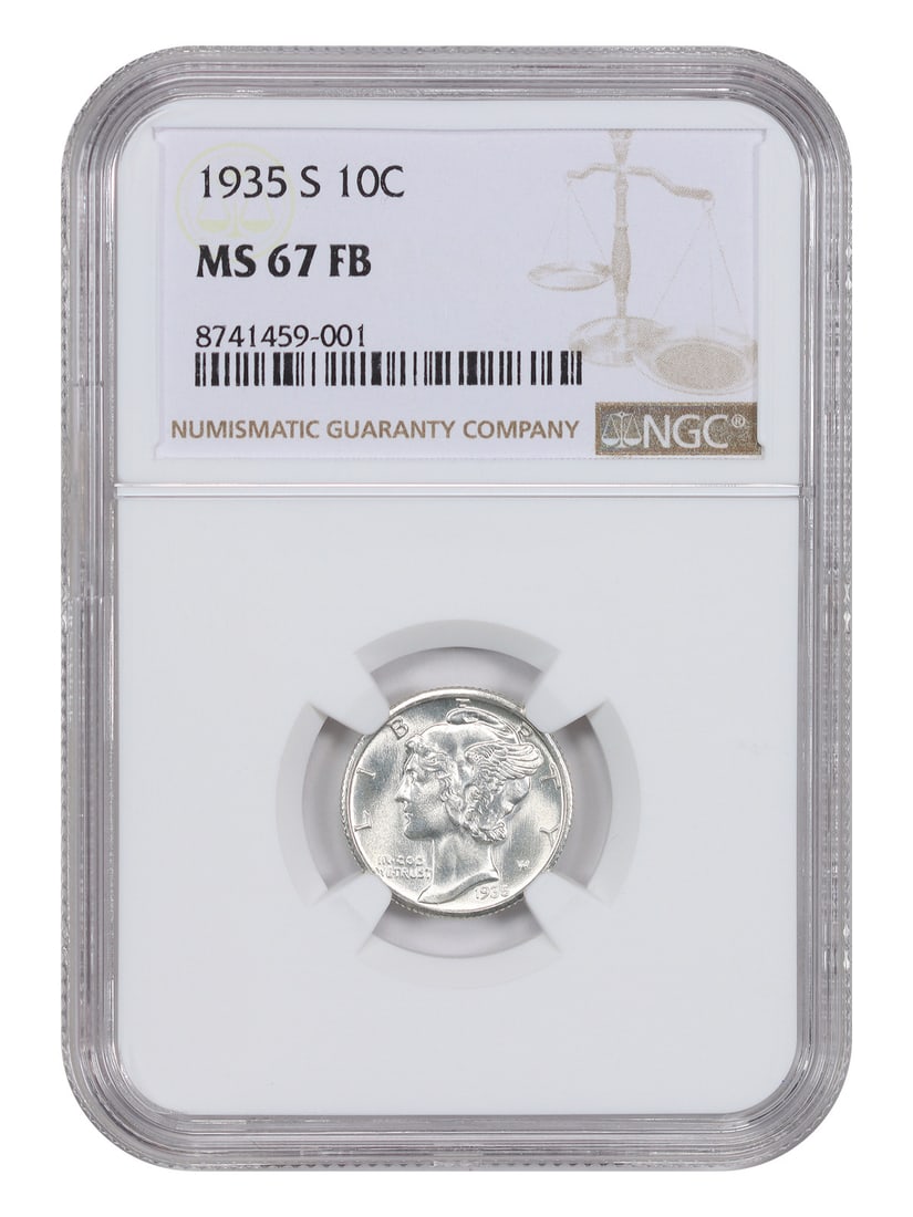 NGC MS67FB 1935-S Mercury Dime: NGC MS67FB 1935-S Mercury Dime This 1935 Mercury Dime is an uncirculated example graded MS67FB by NGC. It features a blast white appearance with intense frosty luster, and is noted for its impressive 