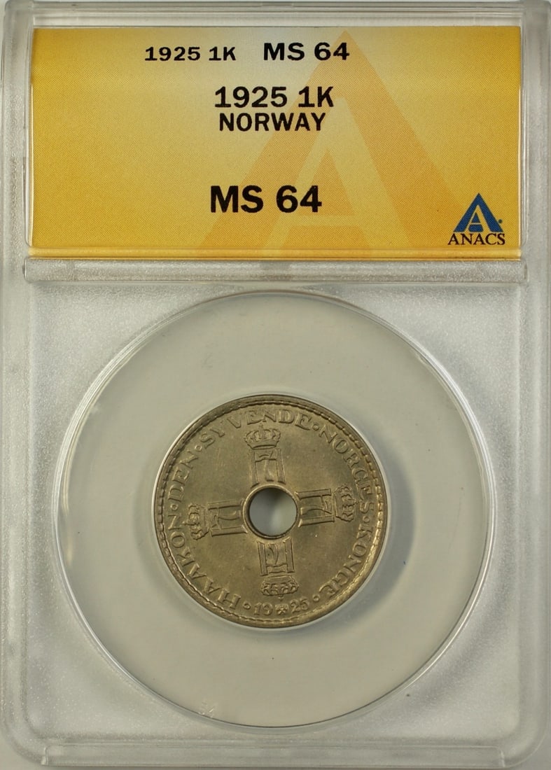 ANACS MS-64 1925 Norway 1 Krone Copper-Nickel Coin (1 of 2)