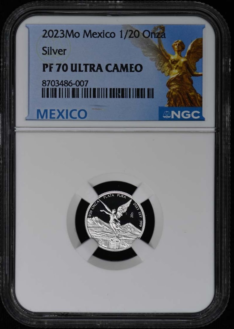 2023 Mexico 1 20 Onza Silver NGC PR70DCAM: 2023 Mexico 1 20 Onza Silver NGC PR70DCAM This is a 2023 Mexico Silver 1/20 Onza coin graded PR70DCAM by NGC. The coin is uncirculated and comes with NGC certification, ensuring its quality and authen
