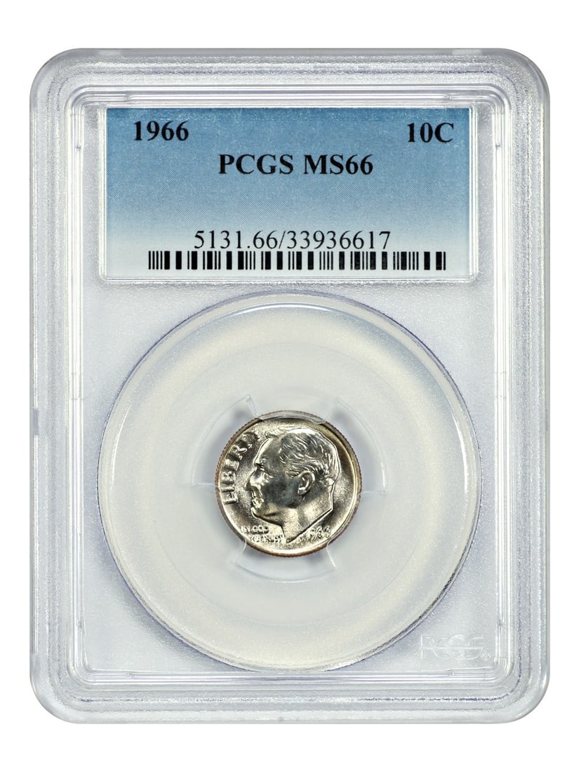 1966 Roosevelt Dime 10C PCGS Graded MS66 Uncirculated Coin: 1966 Roosevelt Dime 10C PCGS Graded MS66 Uncirculated Coin This is a 1966 Roosevelt Dime with a denomination of 10 cents, graded MS66 by PCGS. The coin is uncirculated and was minted in Philadelphia. 