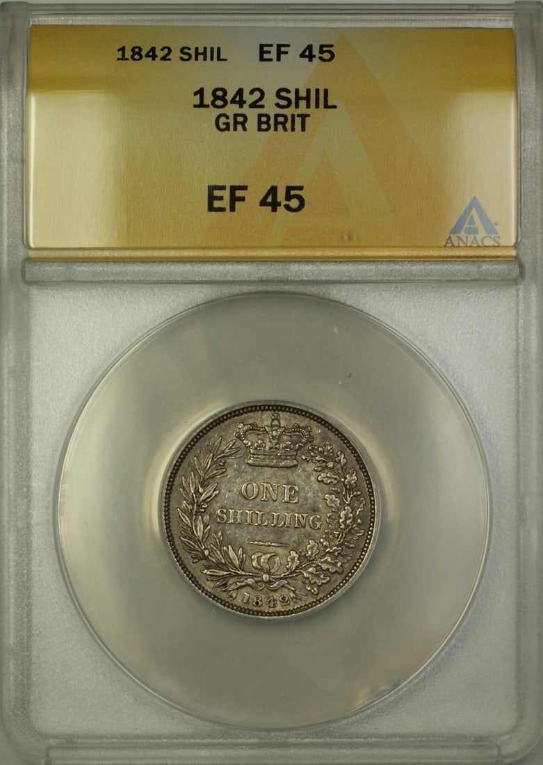 ANACS EF-45 Certified 1842 United Kingdom Silver Shilling: ANACS EF-45 Certified 1842 United Kingdom Silver Shilling This 1842 Great Britain shilling coin is composed of silver and has been graded EF 45 by ANACS. The coin is circulated and dates back to 1842,
