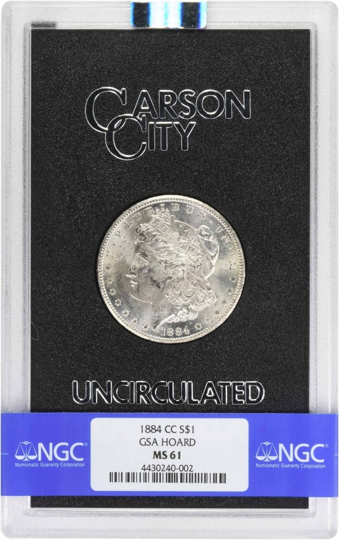 NGC MS61 1884 Carson City Morgan Dollar in GSA Holder: NGC MS61 1884 Carson City Morgan Dollar in GSA Holder This 1884-CC Morgan Silver Dollar is graded MS61 by NGC and comes in a GSA holder. It is an uncirculated coin minted at the Carson City Mint and f