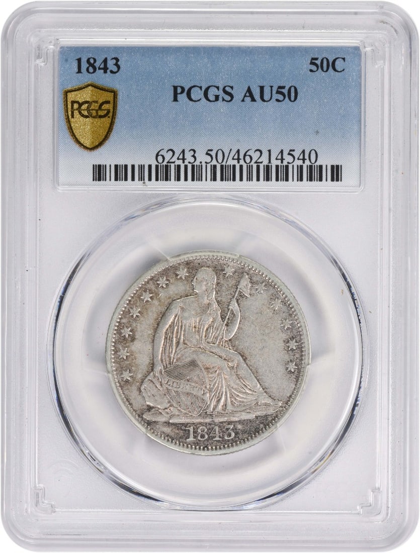 1843 Liberty Seated Half Dollar AU50 PCGS Certified Silver Coin: 1843 Liberty Seated Half Dollar AU50 PCGS Certified Silver Coin This 1843 Liberty Seated Silver Half Dollar showcases a rich history and exquisite craftsmanship. Struck in Philadelphia, this coin feat