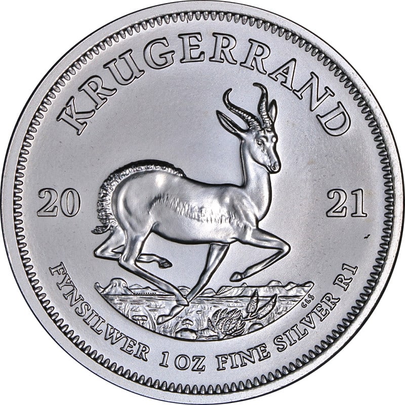 2021 South Africa Silver Krugerrand 1 Ounce BU Coin: 2021 South Africa Silver Krugerrand 1 Ounce BU Coin This 2021 South Africa 1 Ounce Silver Krugerrand is a Brilliant Uncirculated (BU) coin composed of .999 fine silver. It features the iconic Springbo