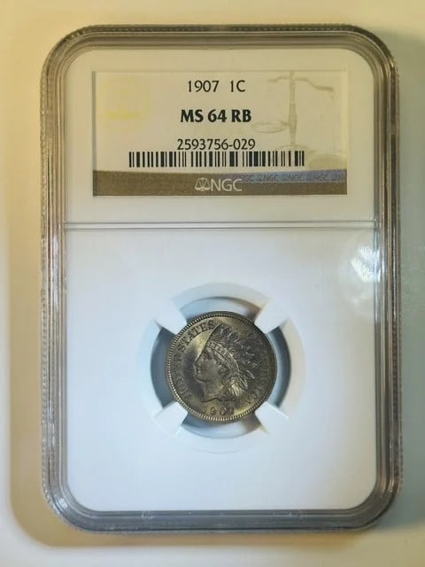 1907 Indian Head cent NGC MS-64 RB: 1907 Indian Head cent NGC MS-64 RB This 1907 Indian Head Small Cent is graded MS-64 RB by NGC, indicating a high-quality example with red and brown coloration. Struck in copper, it represents a classi
