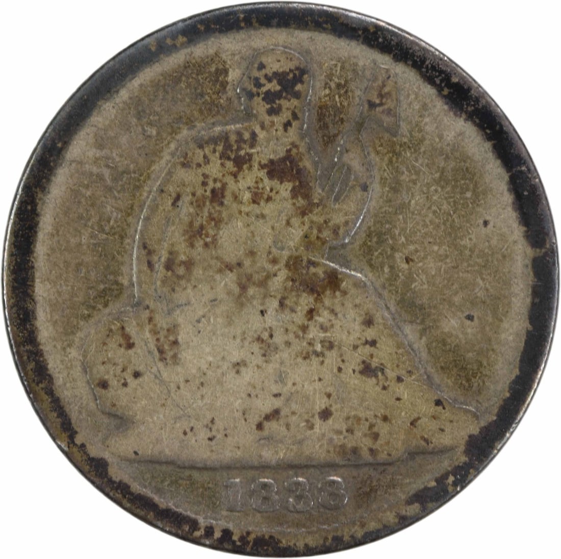 1838-O Liberty Seated Silver Dime No Stars Uncertified 10C: 1838-O Liberty Seated Silver Dime No Stars Uncertified 10C This 1838-O Liberty Seated Silver Dime showcases a classic design by Christian Gobrecht, featuring the iconic Seated Liberty motif. Minted in