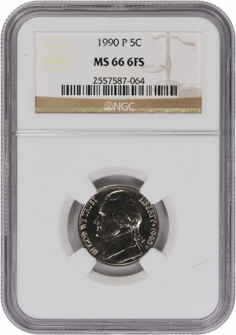 NGC MS66 1990 Philadelphia Jefferson Nickel 6 Full Steps: NGC MS66 1990 Philadelphia Jefferson Nickel 6 Full Steps This 1990-P Jefferson Nickel is graded MS66 with 6 Full Steps by NGC, featuring a composition of 75% copper and 25% nickel. Minted in Philadelp