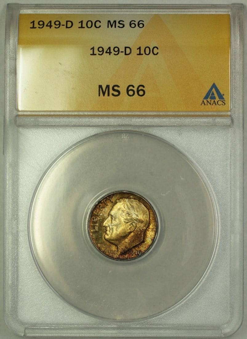 ANACS MS 66 1949-D Roosevelt Dime Silver: ANACS MS 66 1949-D Roosevelt Dime Silver This 1949-D Roosevelt Dime is composed of silver and graded MS 66 by ANACS. The coin is uncirculated and features notable obverse toning. Minted in Denver, thi