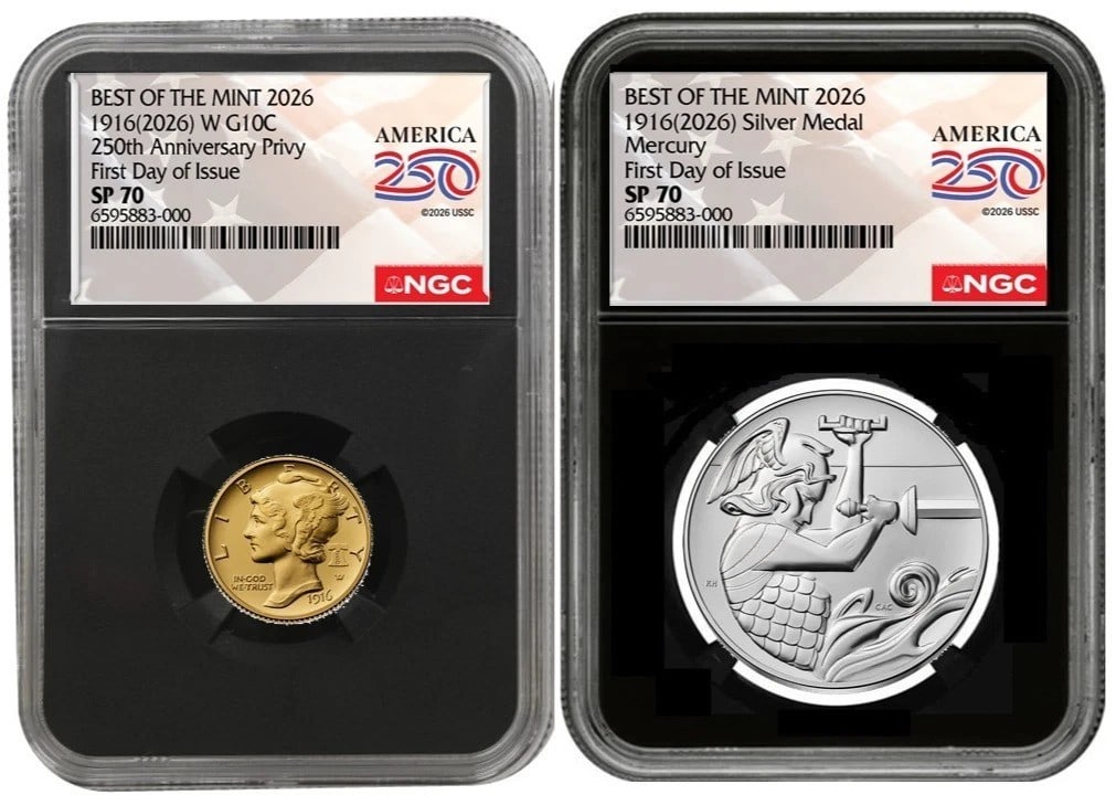 2026 W Mercury Dime Gold Coin Silver Medal 2 Coin Set NGC SP70 FDOI: 2026 W Mercury Dime Gold Coin Silver Medal 2 Coin Set NGC SP70 FDOI This 2-coin set includes a 2026 Mercury Dime gold coin and a silver medal, both produced by the U.S. Mint. The Mercury Dime gold coi