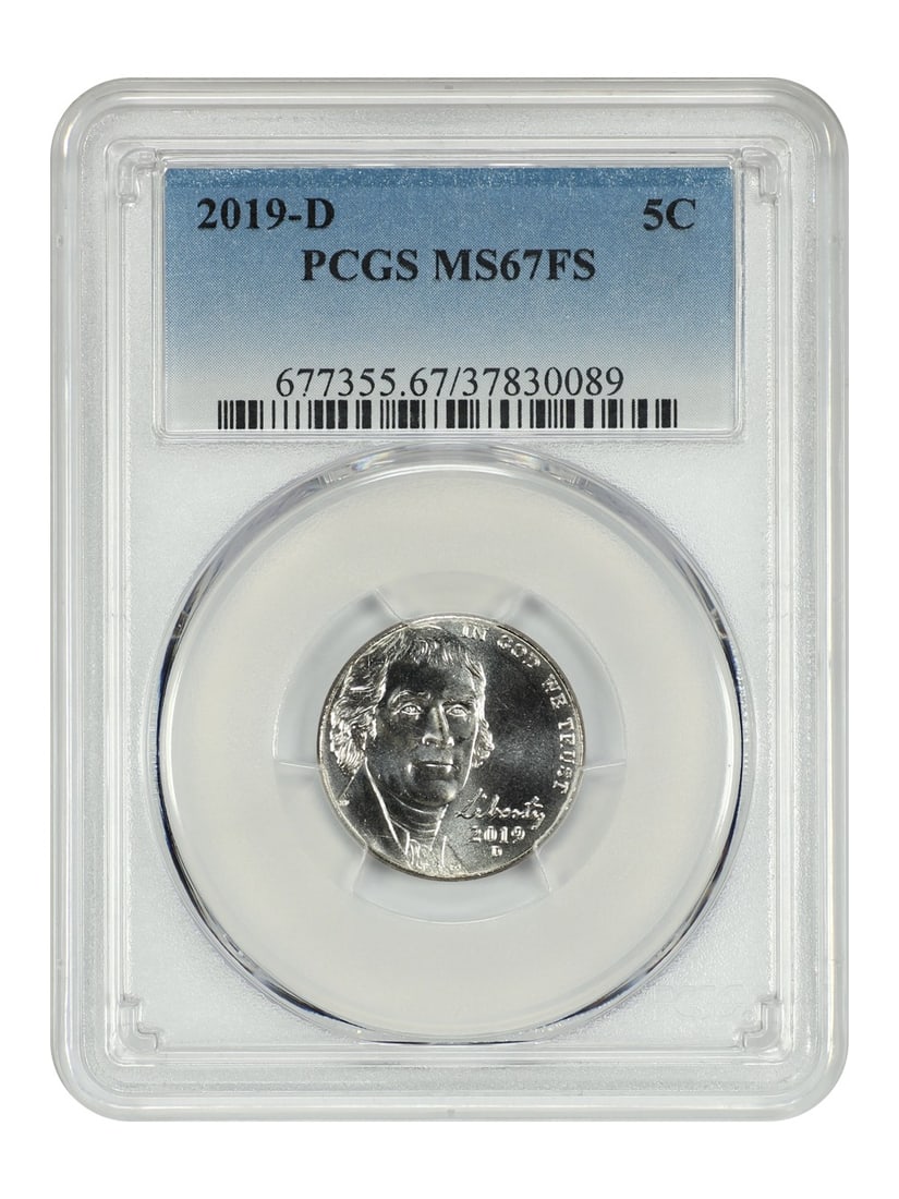 PCGS MS67FS 2019 Denver Jefferson Nickel Five Cent Coin: PCGS MS67FS 2019 Denver Jefferson Nickel Five Cent Coin This is a 2019-D Jefferson Nickel graded MS67FS by PCGS. The coin is uncirculated and features a full strike with full steps designation. It was