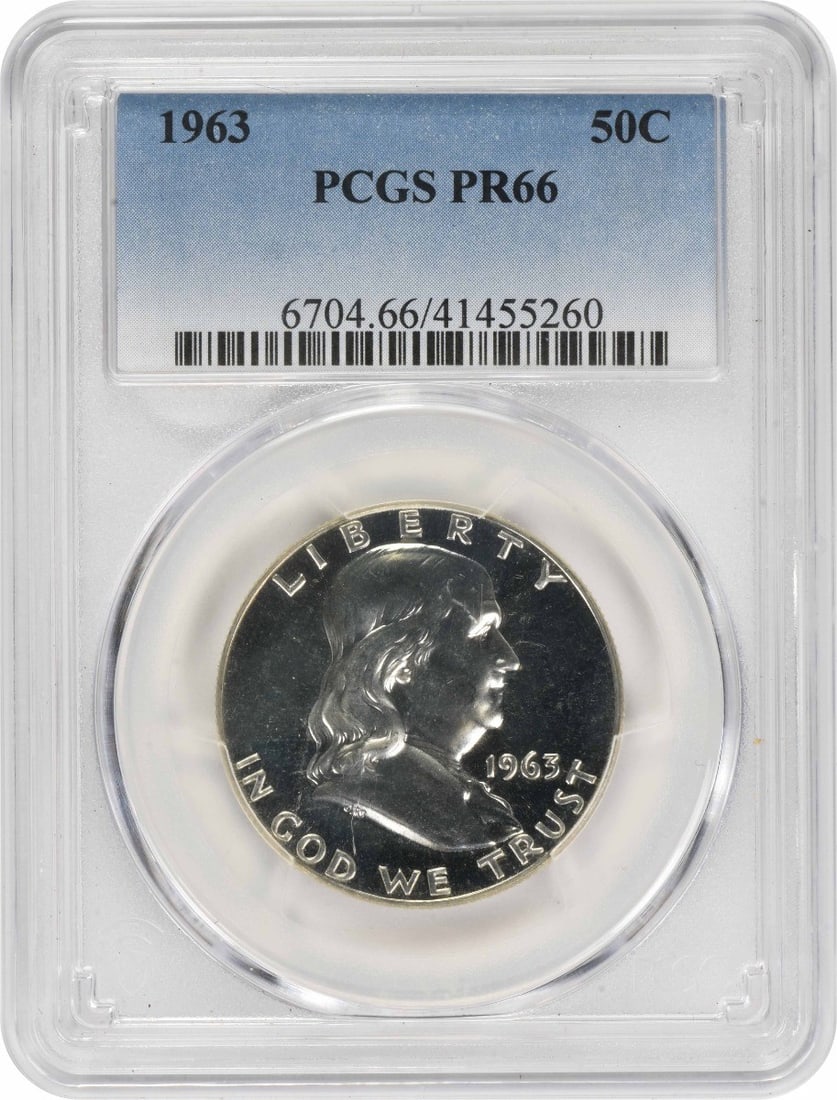 1963 Franklin Half Dollar PR66 PCGS Uncirculated 90% Silver Coin: 1963 Franklin Half Dollar PR66 PCGS Uncirculated 90% Silver Coin This 1963 Franklin Half Dollar is a stunning example of numismatic artistry, graded PR66 by PCGS, indicating its remarkable quality. Th